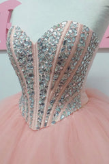 Pink Prom Dress Sweetheart Tulle Beaded Long Formal Gown Evening Dress