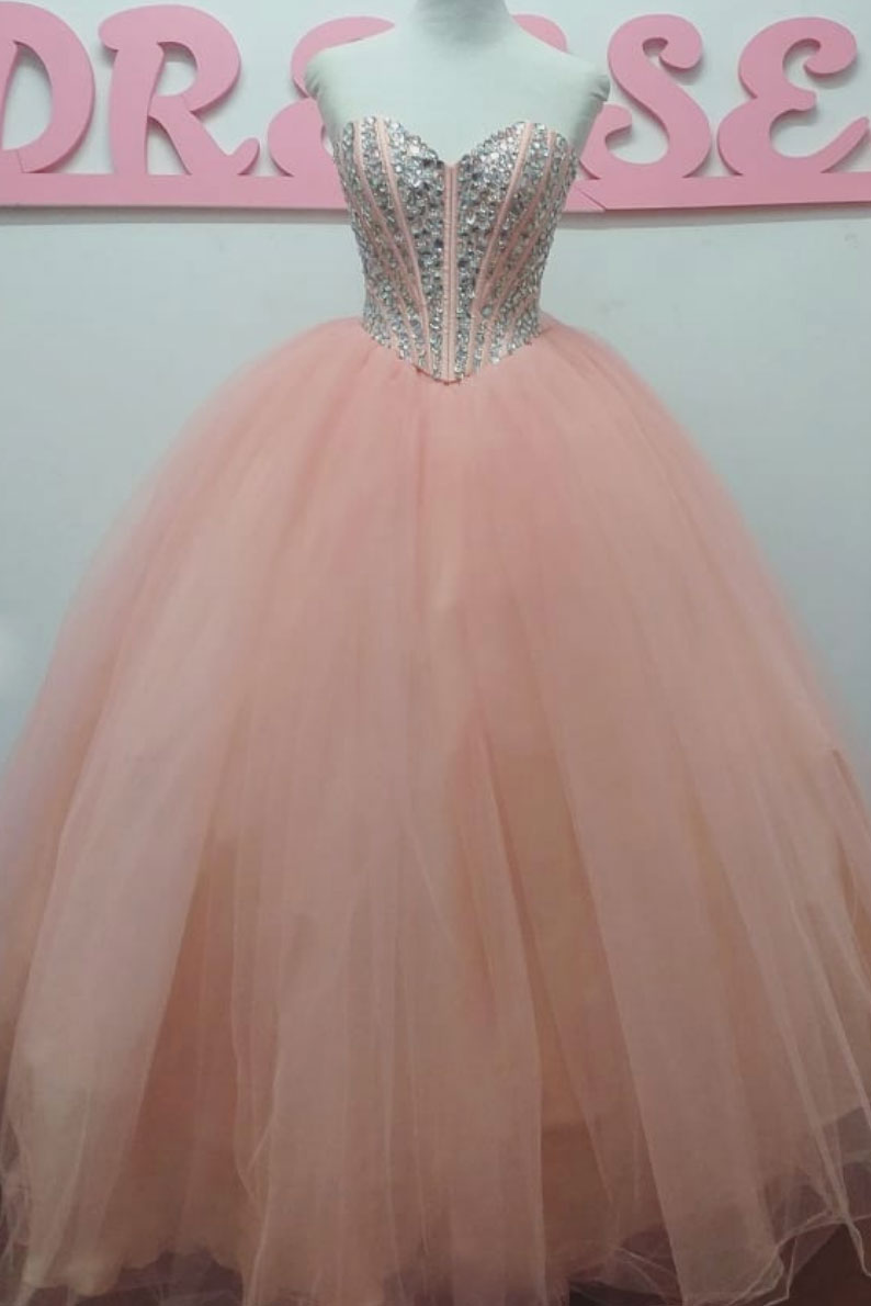 Pink Prom Dress Sweetheart Tulle Beaded Long Formal Gown Evening Dress