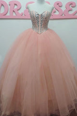 Pink Prom Dress Sweetheart Tulle Beaded Long Formal Gown Evening Dress