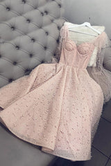 Pink Prom Dress Sweetheart Tulle Beaded Tea Length Formal Dress Evening Dress