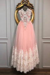 Pink Prom Dress Sweetheart Tulle Lace Long Evening Dress