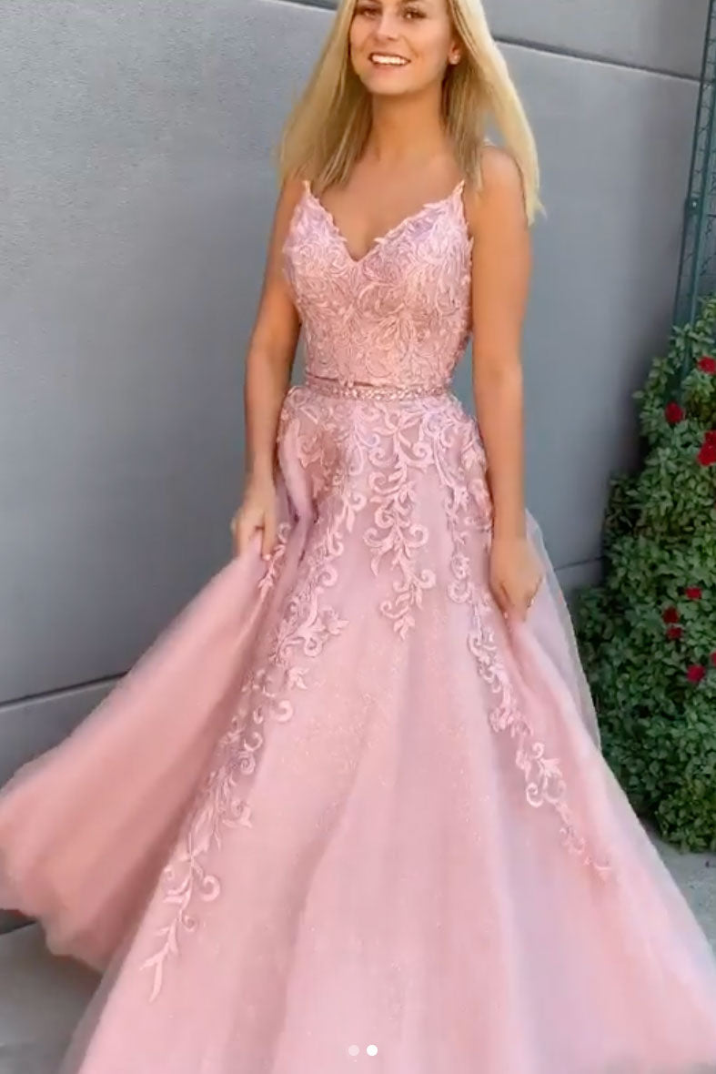Pink Prom Dress Sweetheart Tulle Lace Long Formal Evening Dress