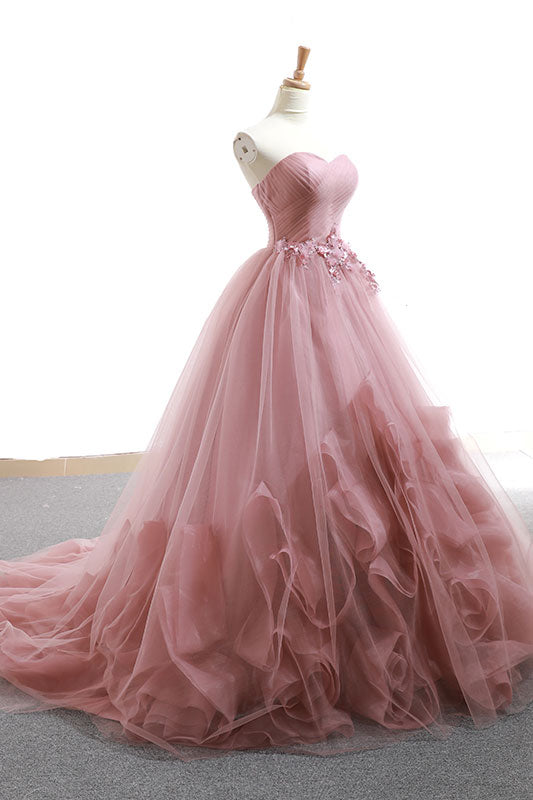 Pink Prom Dress Sweetheart Tulle Long Prom Gown Evening Dress