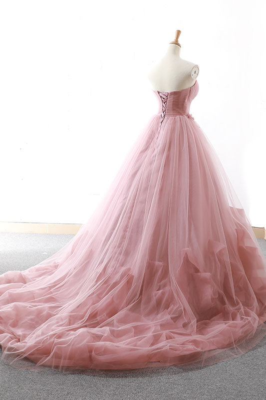 Pink Prom Dress Sweetheart Tulle Long Prom Gown Evening Dress
