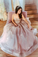Pink Prom Dress Sweetheart Tulle Sequin Long Formal Dress Evening Dress
