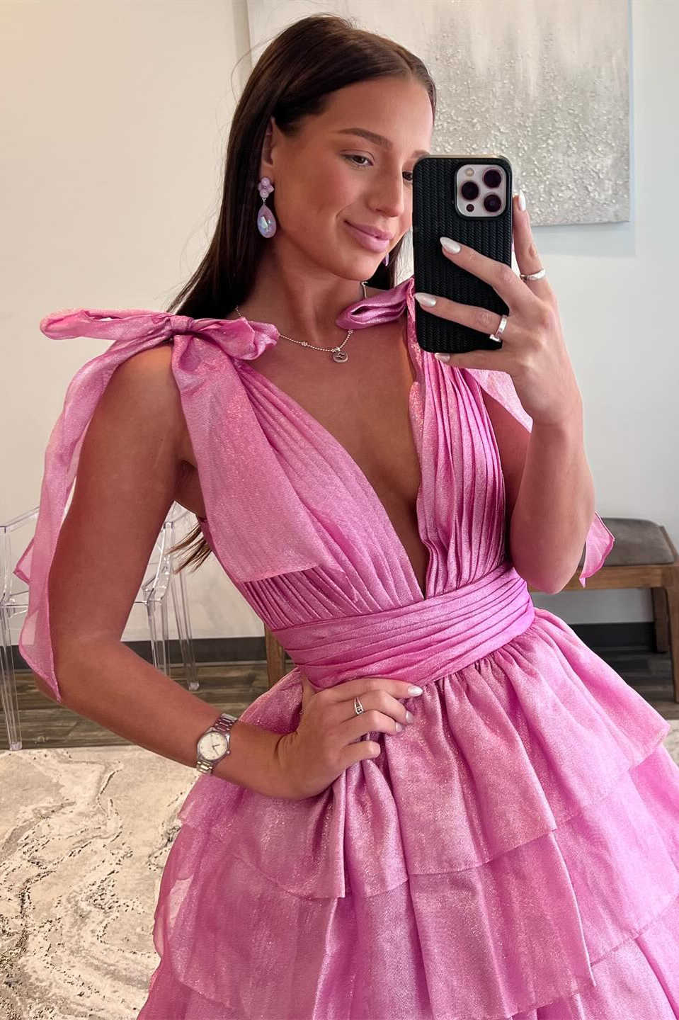 Pink Prom Dress Tiered Long Evening Dress