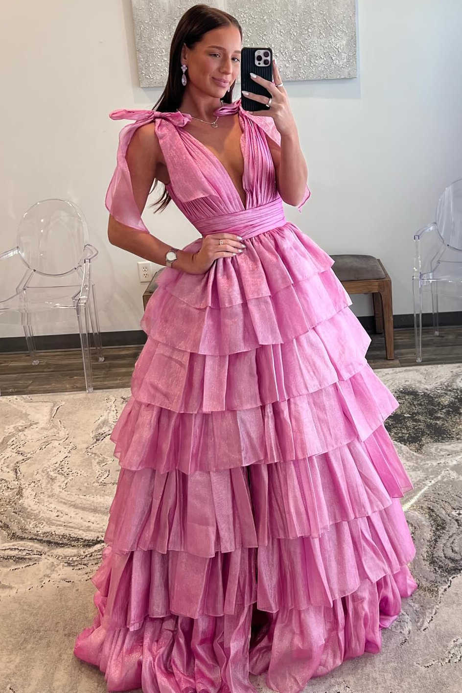 Pink Prom Dress Tiered Long Evening Dress