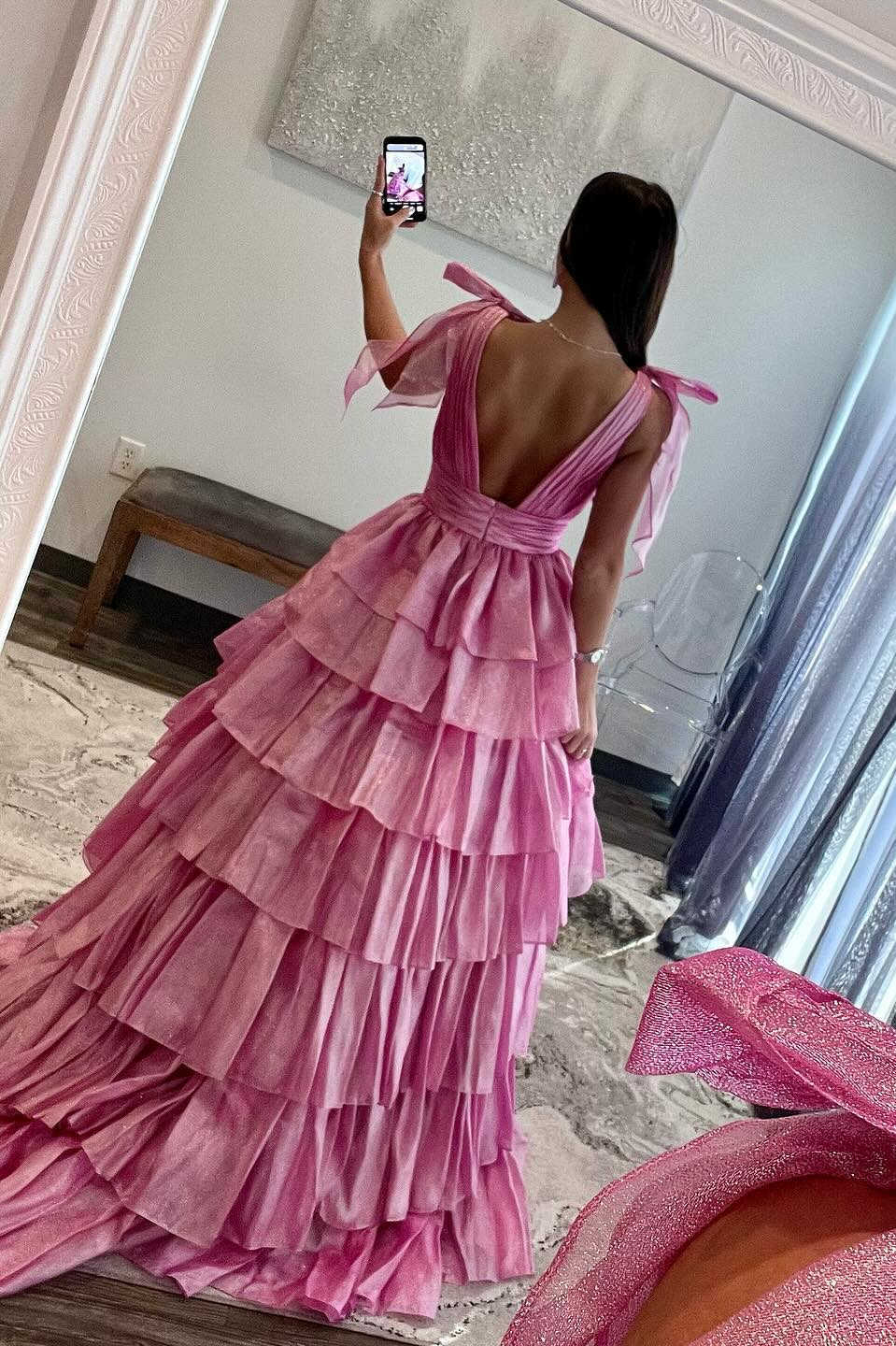 Pink Prom Dress Tiered Long Evening Dress