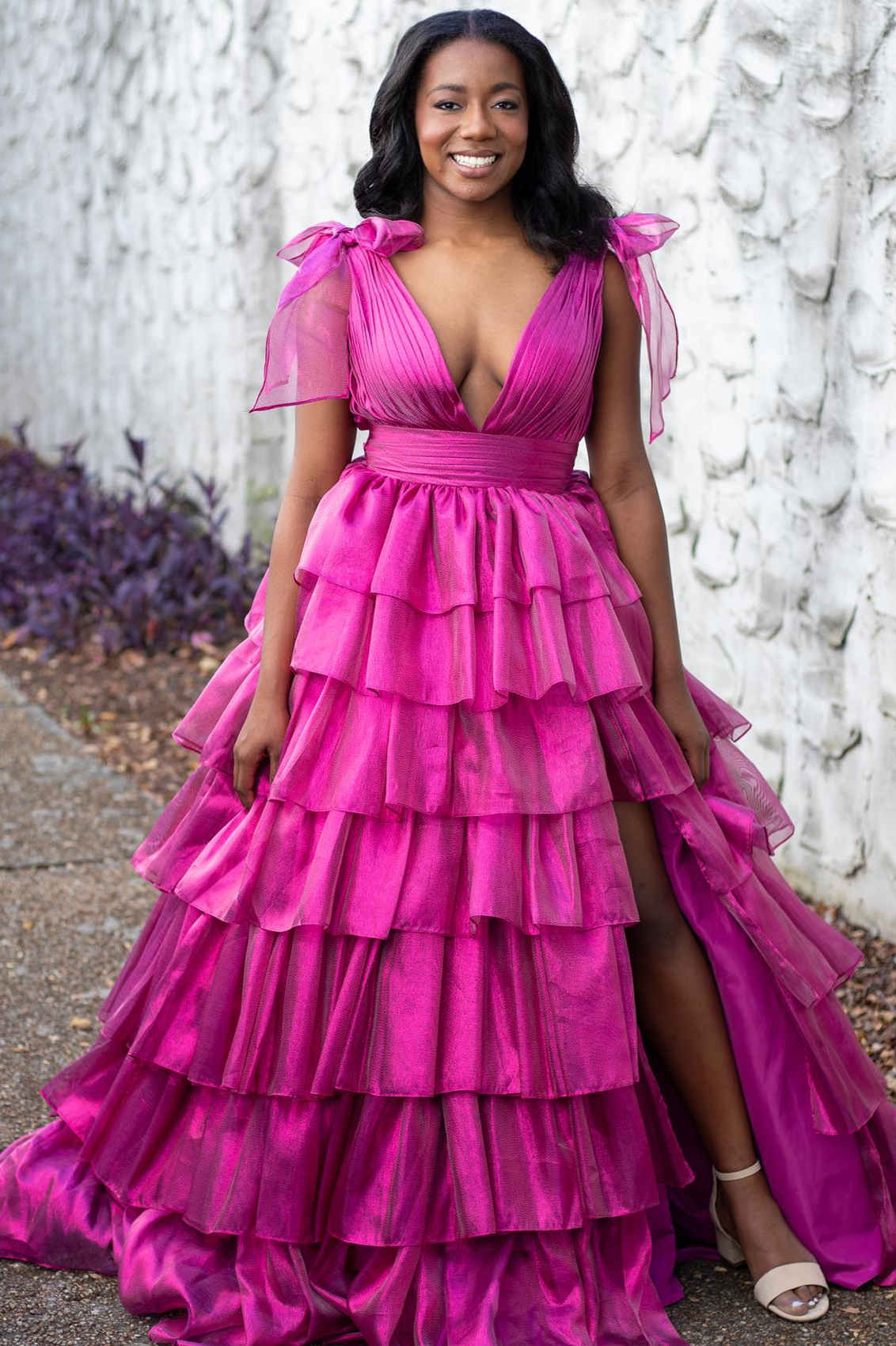 Pink Prom Dress Tiered Long Evening Dress