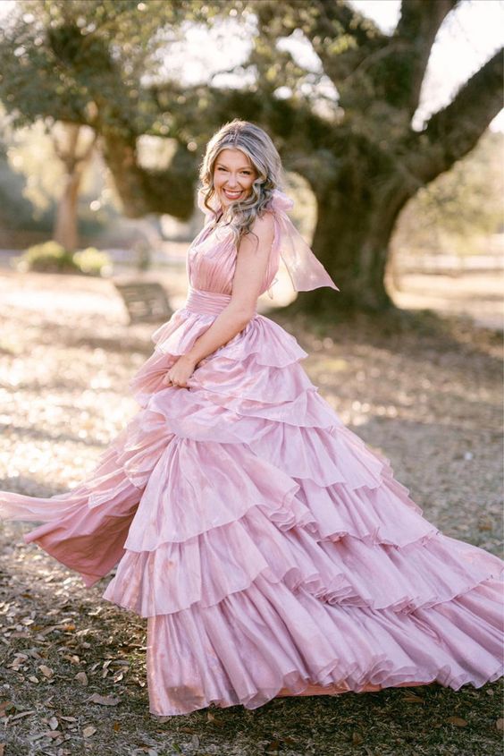 Pink Prom Dress Tiered Long Evening Dress