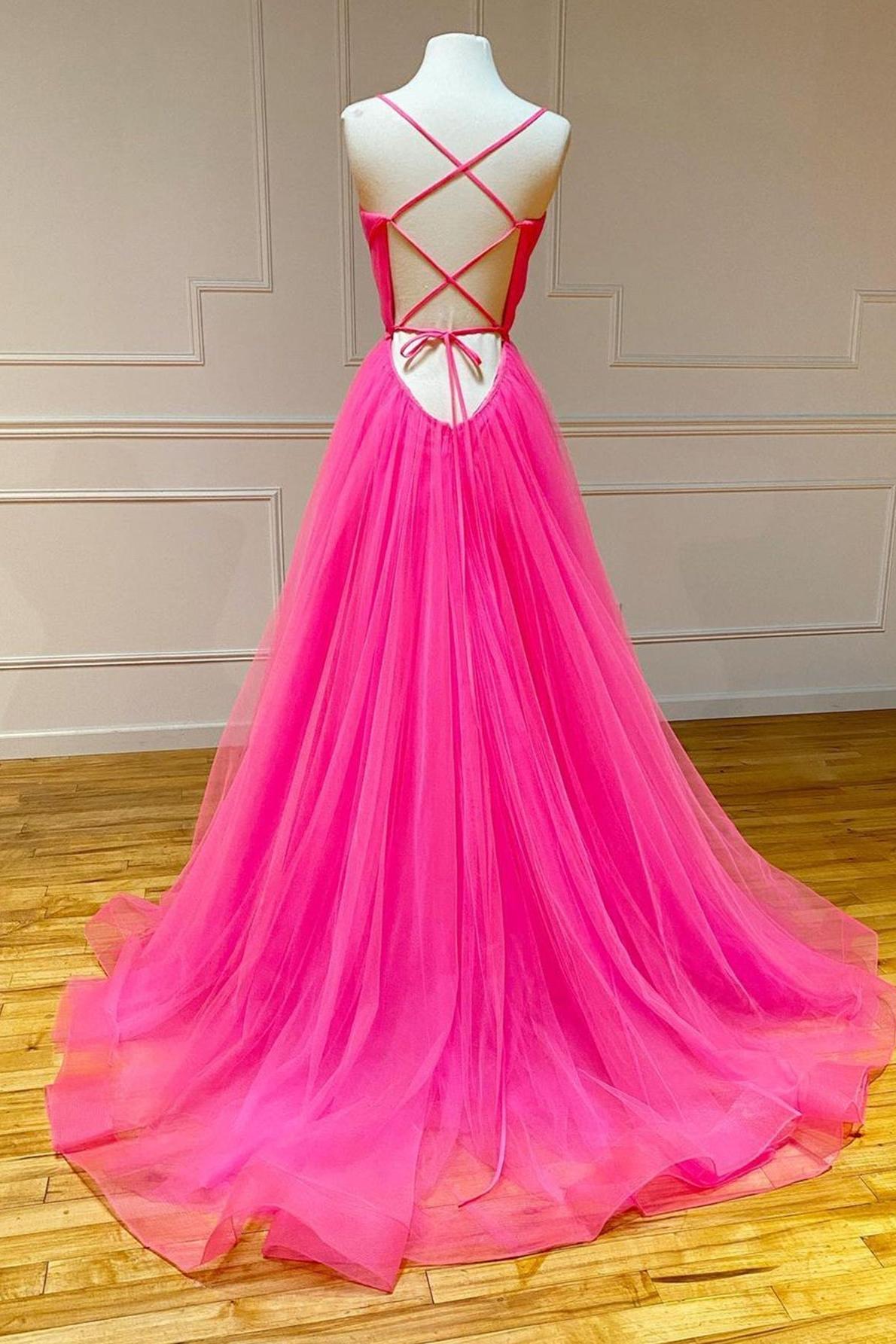 Pink Prom Dress Tulle A Line Ruffled Long Evening Dress