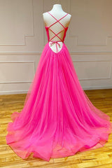 Pink Prom Dress Tulle A Line Ruffled Long Evening Dress