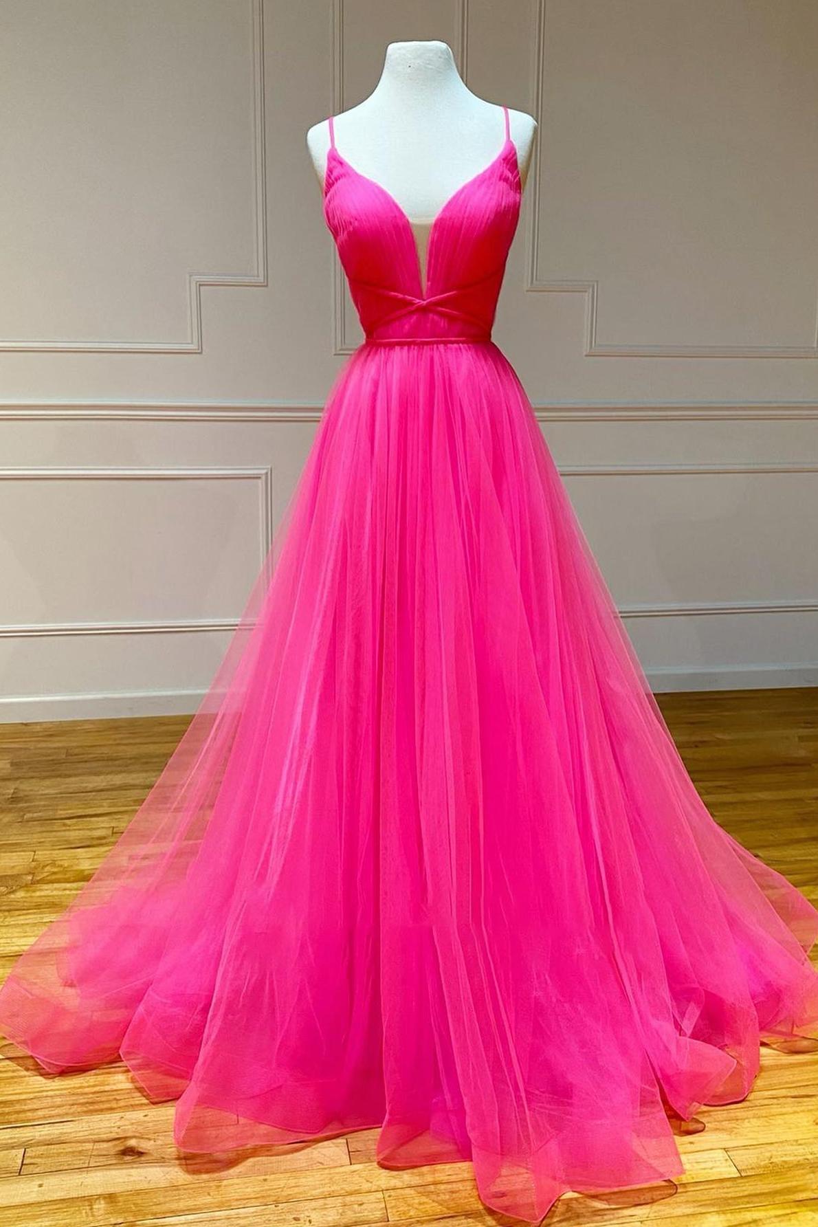 Pink Prom Dress Tulle A Line Ruffled Long Evening Dress