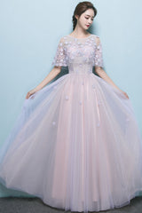 Pink Prom Dress Tulle Lace Long Appliques Formal Gown Evening Dress