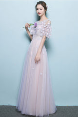 Pink Prom Dress Tulle Lace Long Appliques Formal Gown Evening Dress