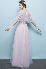 Pink Prom Dress Tulle Lace Long Appliques Formal Gown Evening Dress