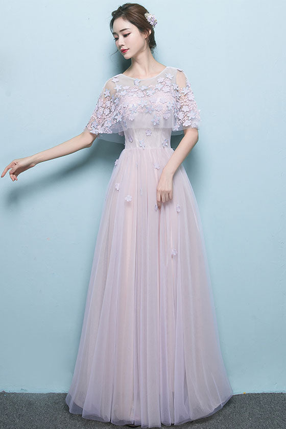 Pink Prom Dress Tulle Lace Long Appliques Formal Gown Evening Dress