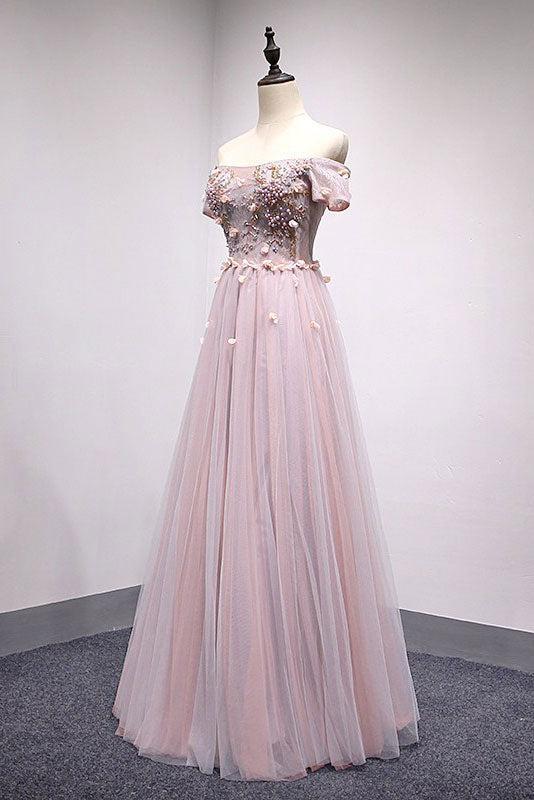 Pink Prom Dress Tulle Lace Long Evening Dress