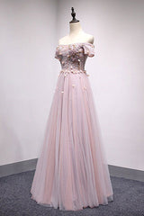 Pink Prom Dress Tulle Lace Long Evening Dress