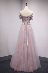 Pink Prom Dress Tulle Lace Long Evening Dress