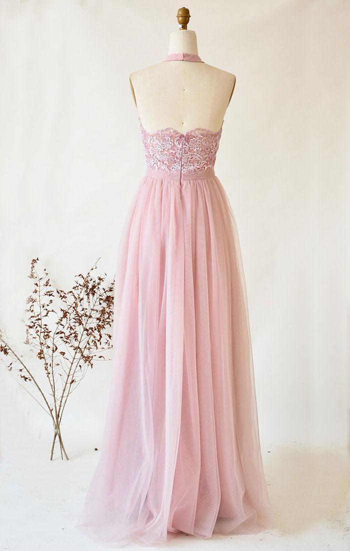 Pink Prom Dress Tulle Lace Long Evening Dress