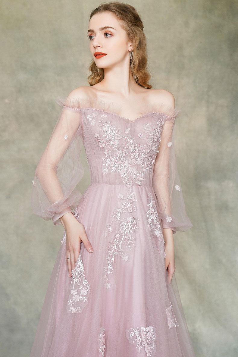 Pink Prom Dress Tulle Lace Long Formal Dress Evening Dress