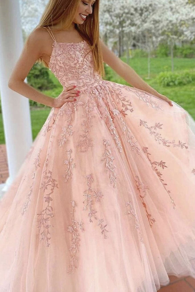 Pink Prom Dress Tulle Lace Long Formal Dress Evening Dress