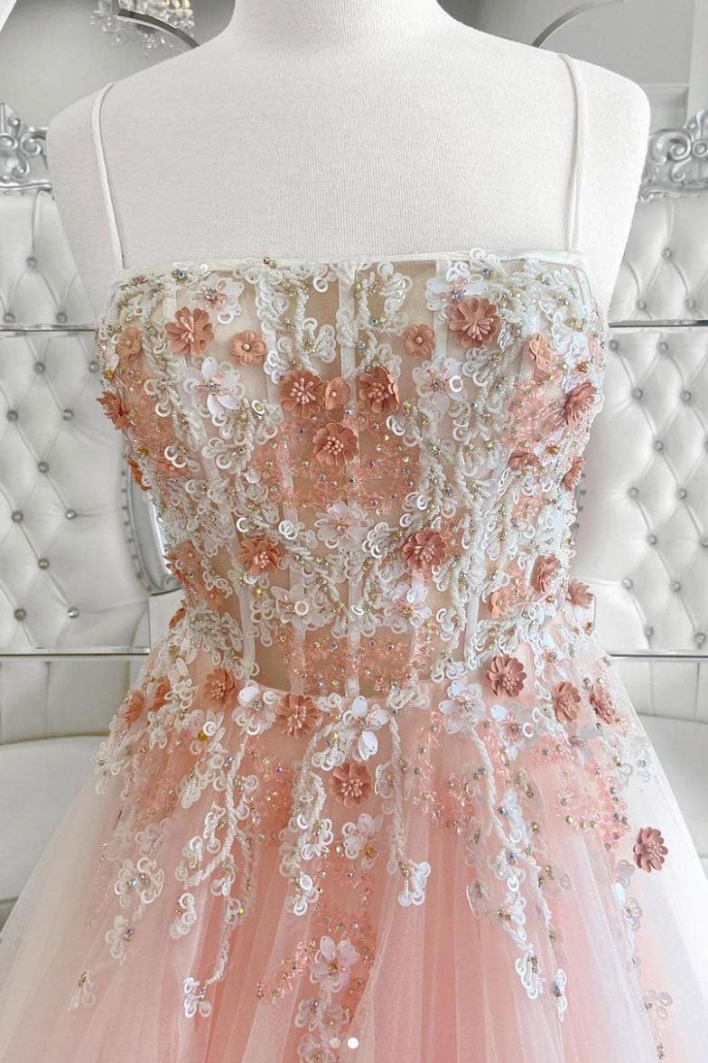 Pink Prom Dress Tulle Lace Long Formal Evening Dress