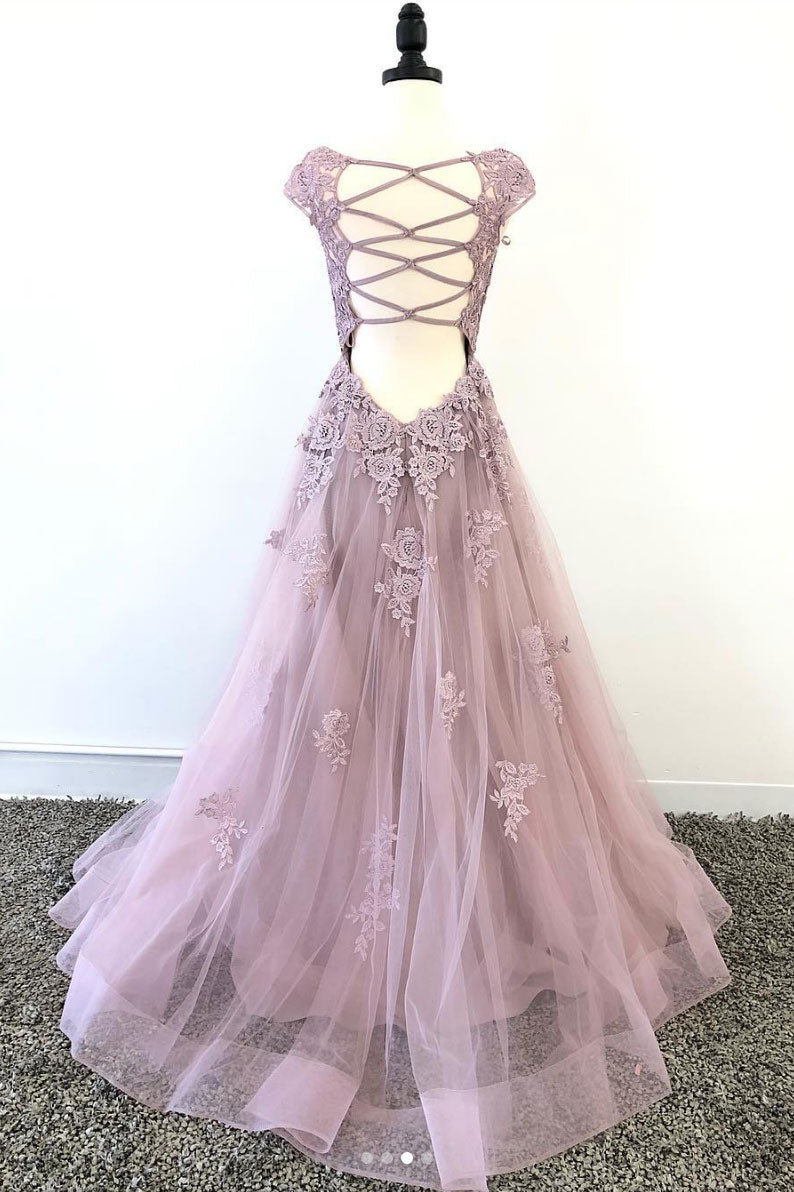 Pink Prom Dress Tulle Lace Long Formal Evening Dress