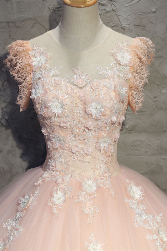 Pink Prom Dress Tulle Lace Long Formal Evening Dress