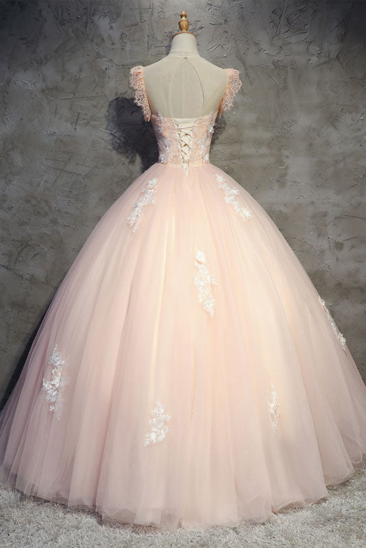 Pink Prom Dress Tulle Lace Long Formal Evening Dress