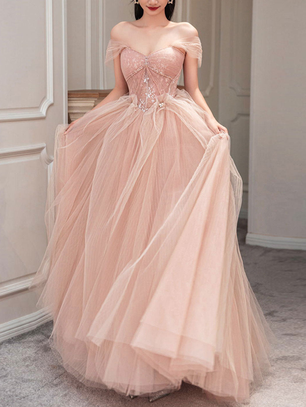 Pink Prom Dress Tulle Lace Long Formal Gown Evening Dress