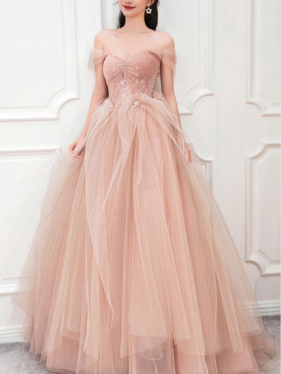 Pink Prom Dress Tulle Lace Long Formal Gown Evening Dress