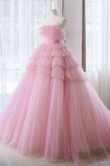 Pink Prom Dress Tulle Lace Long Formal Gown Evening Dress