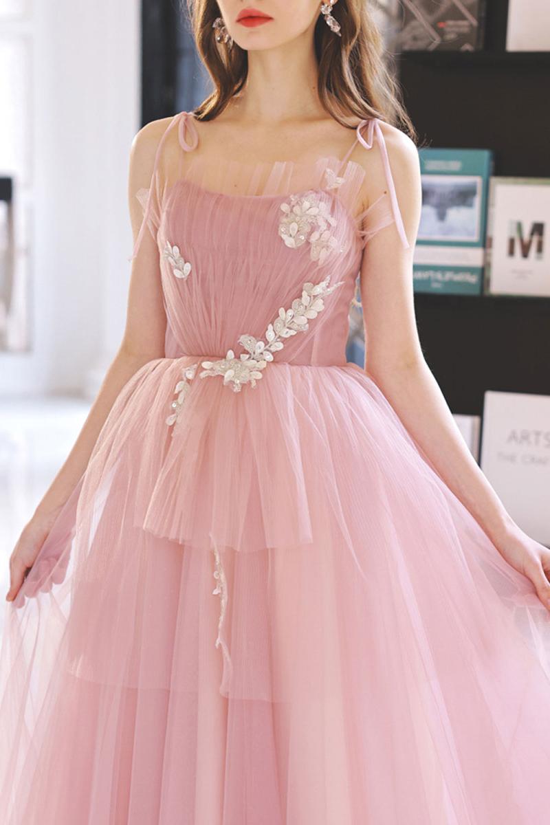 Pink Prom Dress Tulle Long A Line Lace Graduation Dress Evening Dress