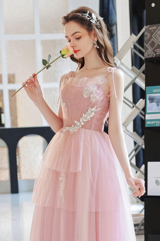 Pink Prom Dress Tulle Long A Line Lace Graduation Dress Evening Dress