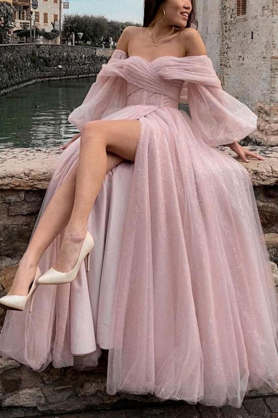 Pink Prom Dress Tulle Long Evening Dress