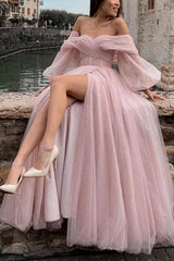 Pink Prom Dress Tulle Long Evening Dress