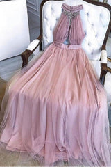 Pink Prom Dress Tulle Long Evening Dress