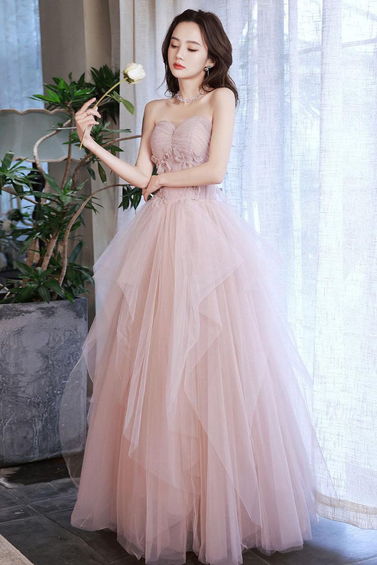 Pink Prom Dress Tulle Off the Shoulder Long Formal Evening Dress