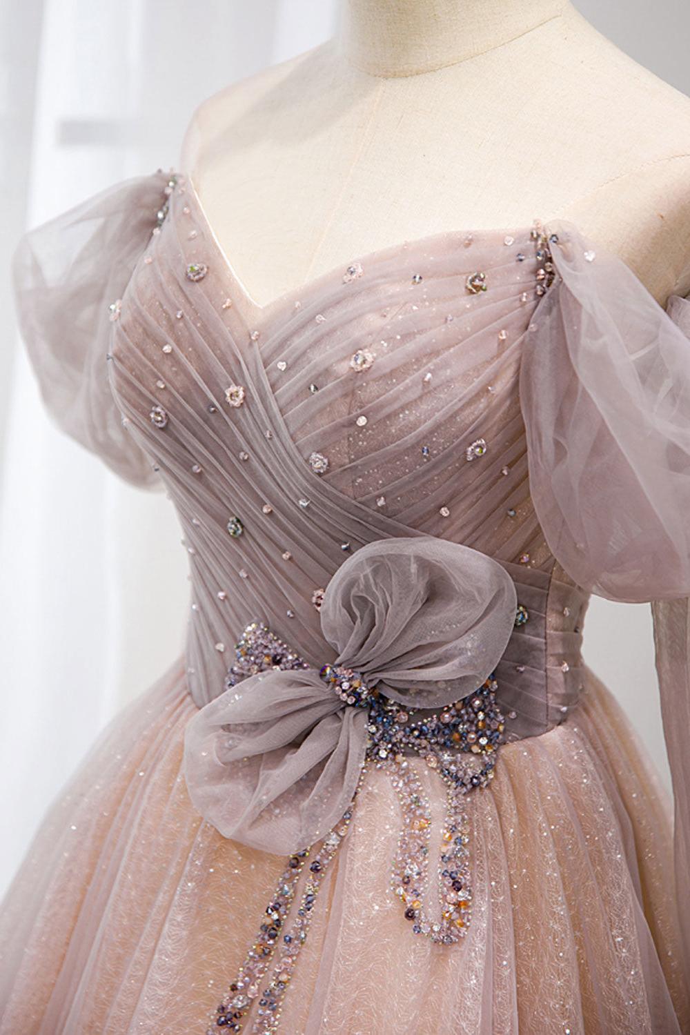 Pink Prom Dress Tulle Off the Shoulder Long Formal Gown Evening Dress