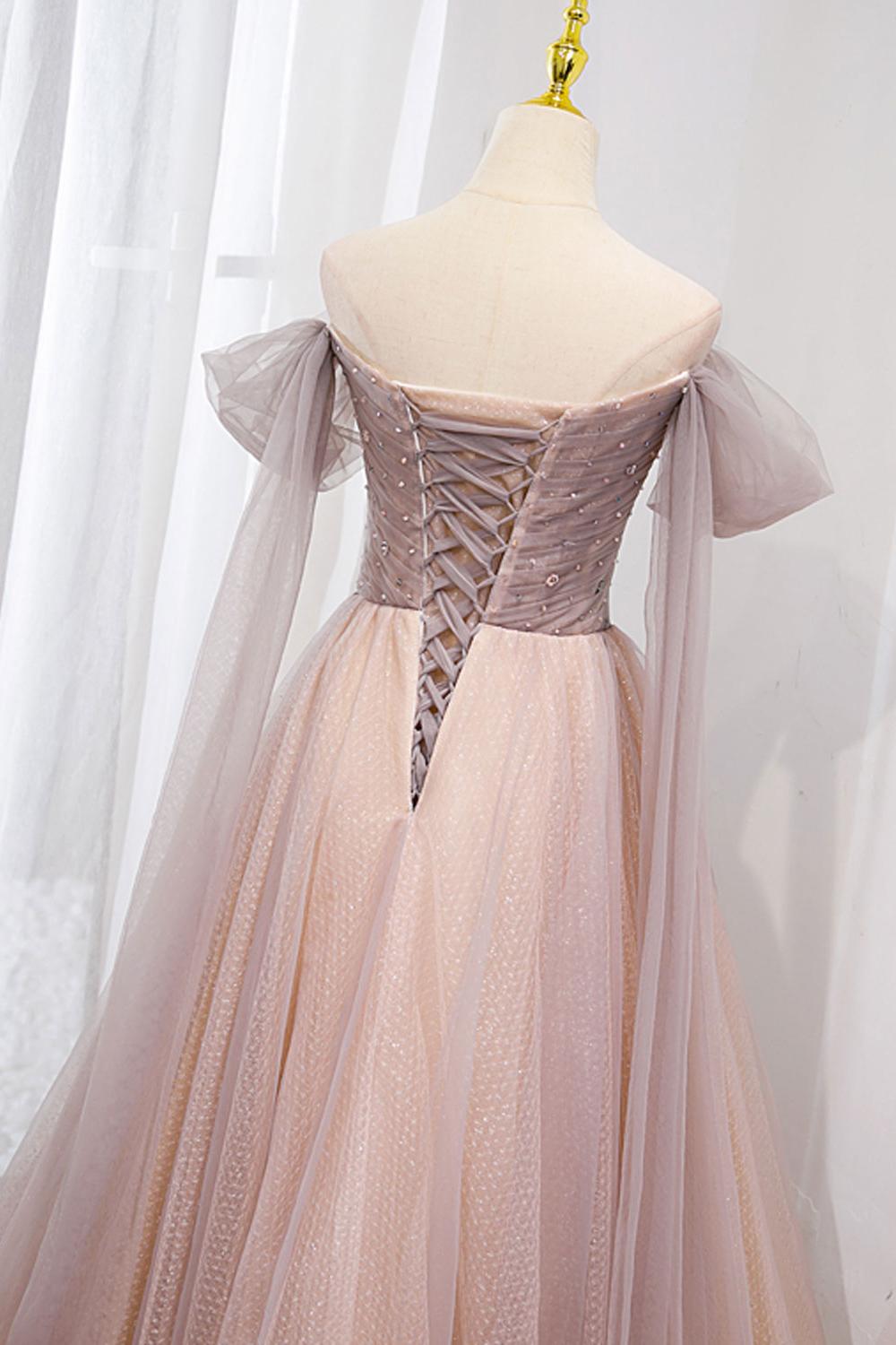 Pink Prom Dress Tulle Off the Shoulder Long Formal Gown Evening Dress