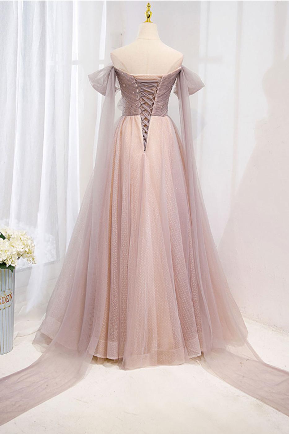Pink Prom Dress Tulle Off the Shoulder Long Formal Gown Evening Dress