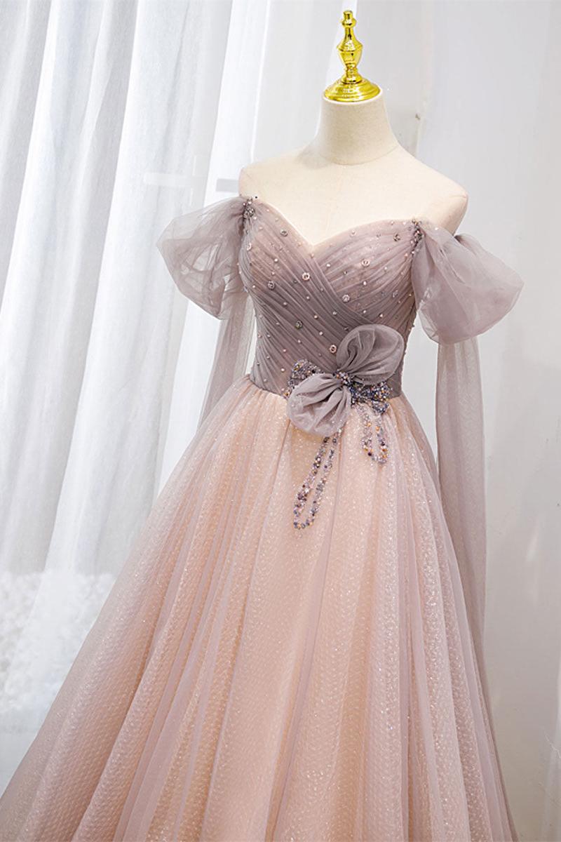 Pink Prom Dress Tulle Off the Shoulder Long Formal Gown Evening Dress