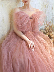 Pink Prom Dress Tulle Sequin Long Formal Gown Evening Dress