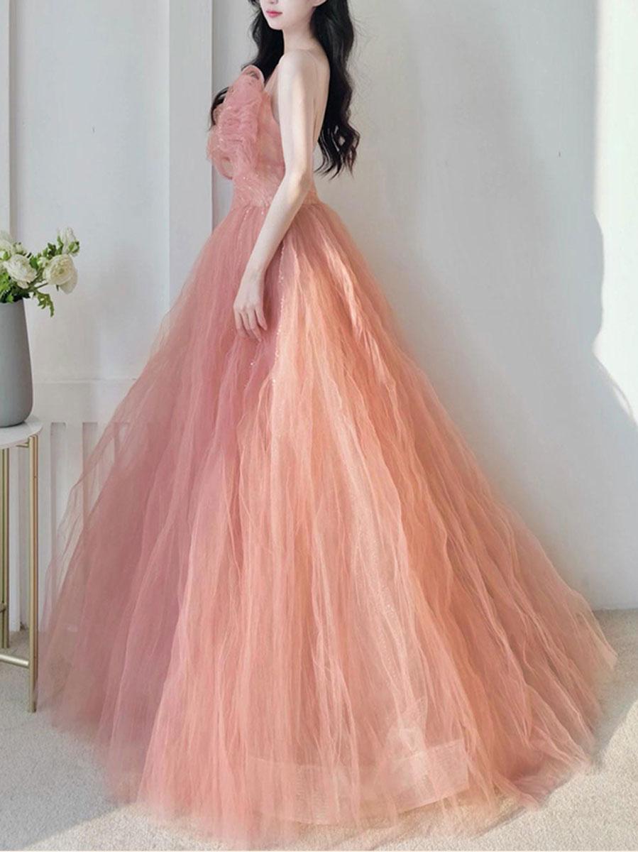 Pink Prom Dress Tulle Sequin Long Formal Gown Evening Dress