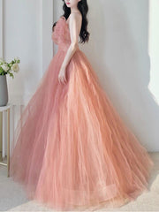 Pink Prom Dress Tulle Sequin Long Formal Gown Evening Dress