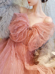 Pink Prom Dress Tulle Sequin Long Formal Gown Evening Dress