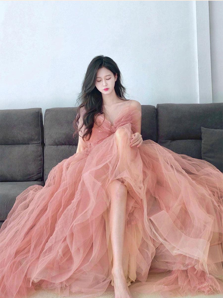 Pink Prom Dress Tulle Sequin Long Formal Gown Evening Dress