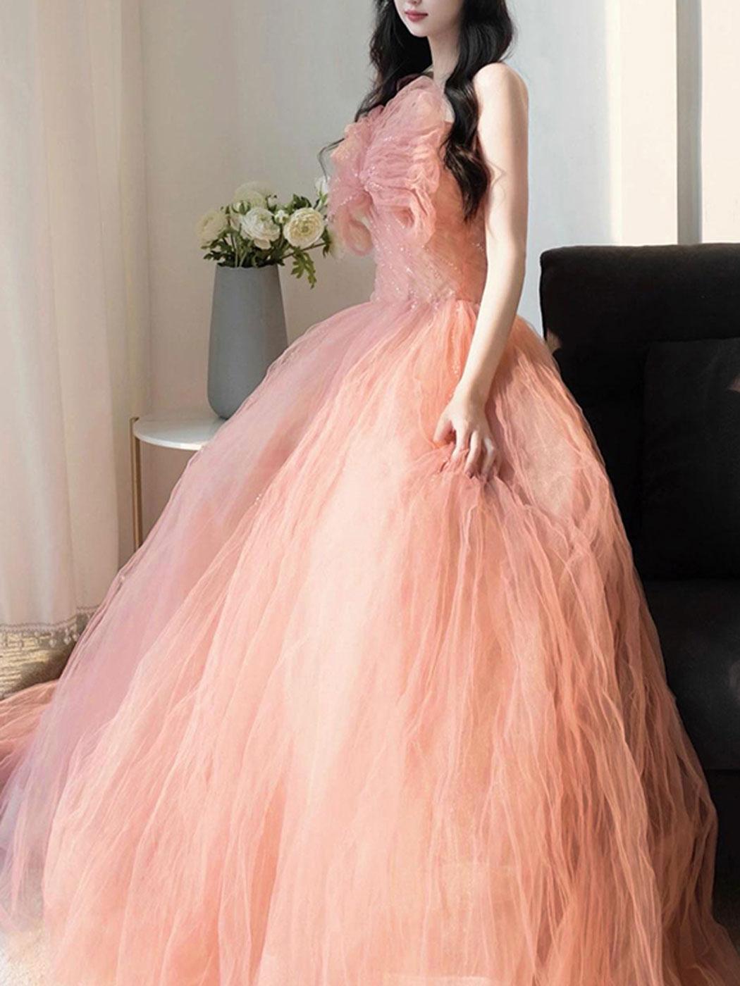 Pink Prom Dress Tulle Sequin Long Formal Gown Evening Dress